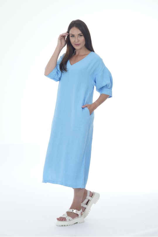 Long Elegant Natural Linen Dress with V Neck and Pockets - 1045/golub
