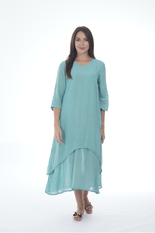 Elegant Long Two-Layered Linen Dress - 525/menthol