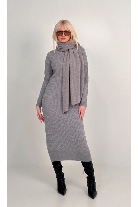 Long Cable dress made of high quality Italian yarn - 10% cashmere, 90% wool /grey