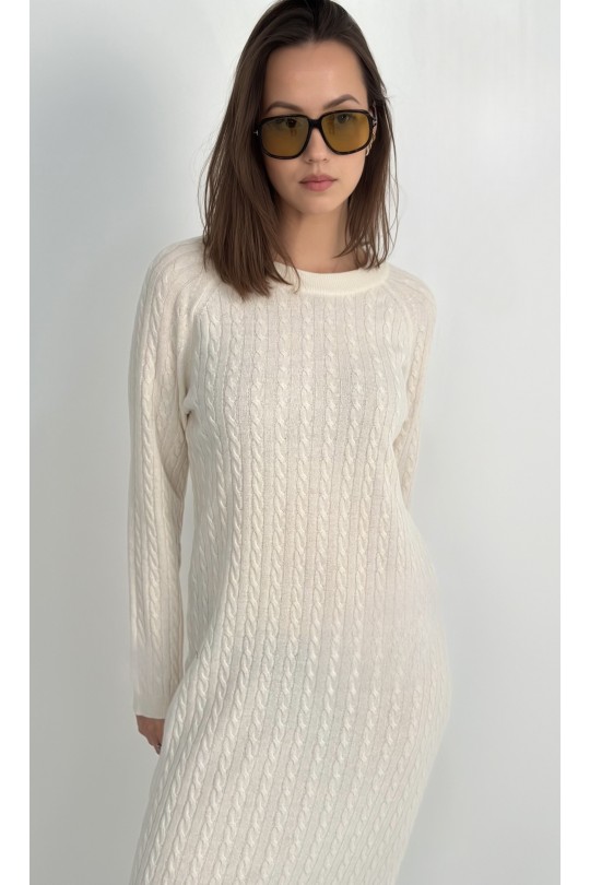 Long Cable dress made of high quality Italian yarn - 10% cashmere, 90% wool /white