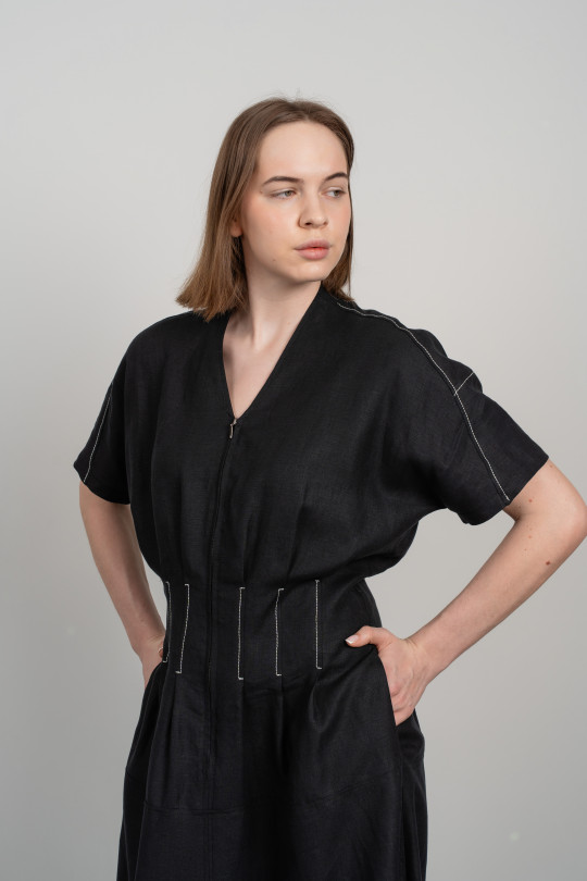 Linen dress with zipper and pockets-8039