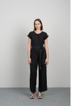 Women linen jumpsuit with short sleeves, pockets, buttons - 8070/grafit