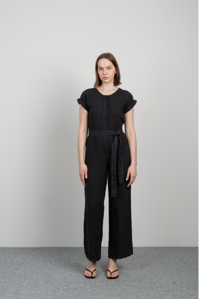 Women linen jumpsuit with short sleeves, pockets, buttons - 8070/grafit