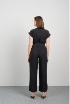 Women linen jumpsuit with short sleeves, pockets, buttons - 8070/grafit