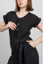 Women linen jumpsuit with short sleeves, pockets, buttons - 8070/grafit
