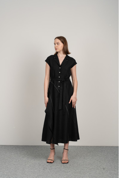 Linen dress with frill and slit-8088
