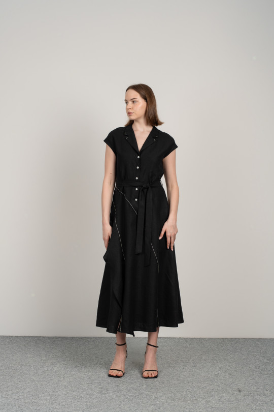 Linen dress with frill and slit-8088