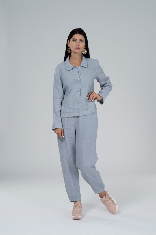 Women Trousers from Natural Linen with Pockets. With Elastic Waist and decorative seams - 3829-ambgray