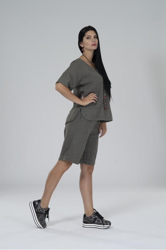 Women Linen Shorts with Pockets - 405/olive