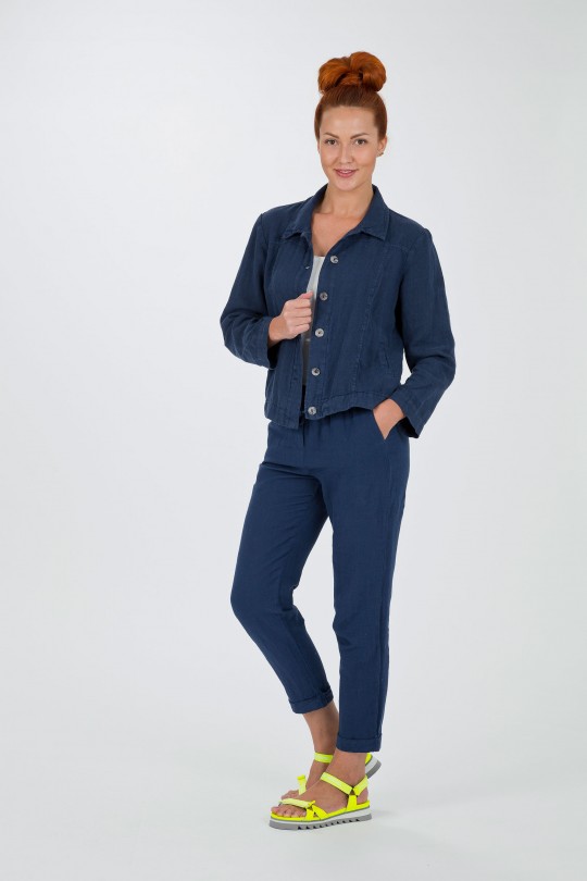 Women Elastic Waist Eco Linen Pants / Trousers With Pockets - 449/dblue