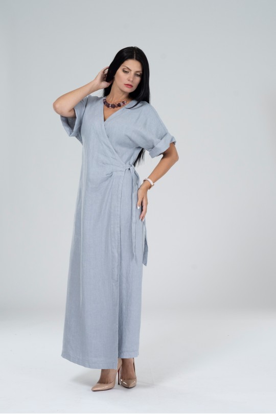 Women Long Natural Linen Wrap Dress / Robe - 536-1/grbl