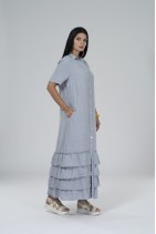 Natural Linen Dress with Ruffles, Mother of Pearl Buttons and Pockets - 809/greyb