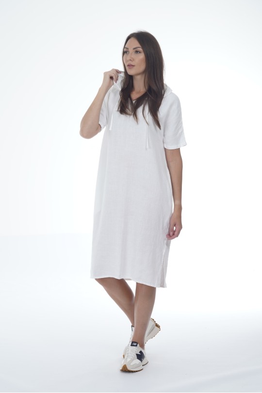 Elegant Natural Linen Dress with a Hood and Pockets - 1039/white