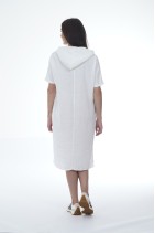 Elegant Natural Linen Dress with a Hood and Pockets - 1039/white