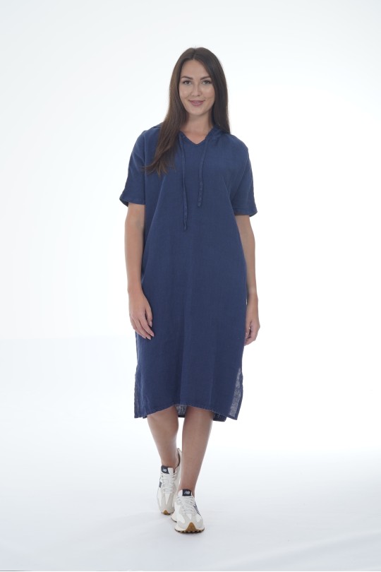 Elegant Natural Linen Dress with a Hood and Pockets - 1039/darkb