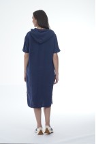 Elegant Natural Linen Dress with a Hood and Pockets - 1039/darkb