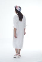 Long Elegant Natural Linen Dress with V Neck and Pockets - 1045/white