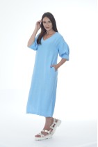 Long Elegant Natural Linen Dress with V Neck and Pockets - 1045/golub