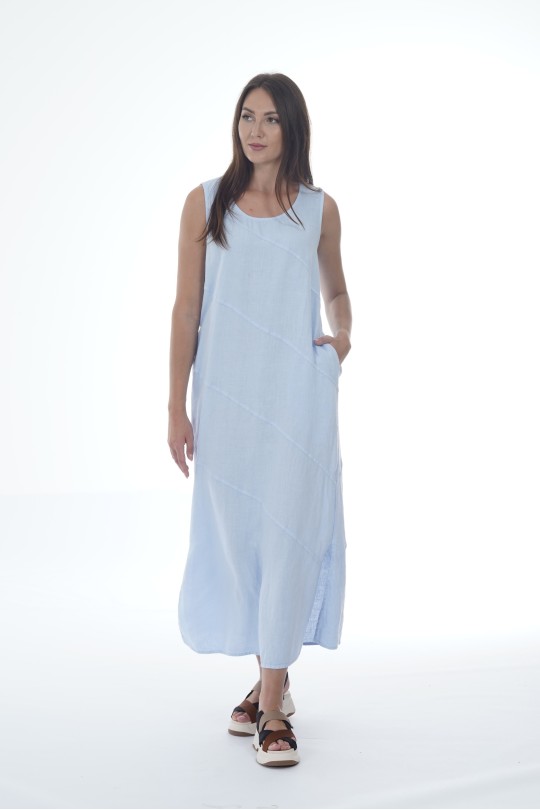 Long Elegant Natural Linen Summer Dress Sleeveless with Pockets - 1046/coldb