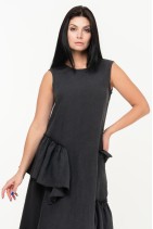 Long Elegant Natural Linen Dress Sleeveless with Ruffles and Pockets - 1048/grafit