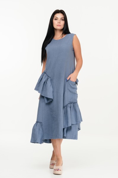 Long Elegant Natural Linen Dress Sleeveless with Ruffles and Pockets - 1048/jns
