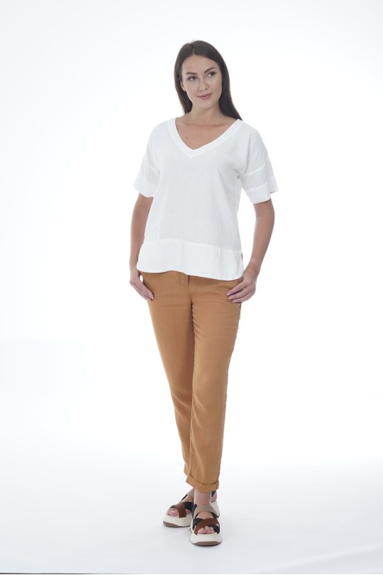 Elegant Linen Blouse with Short Sleeves. Boho Style - 403/white