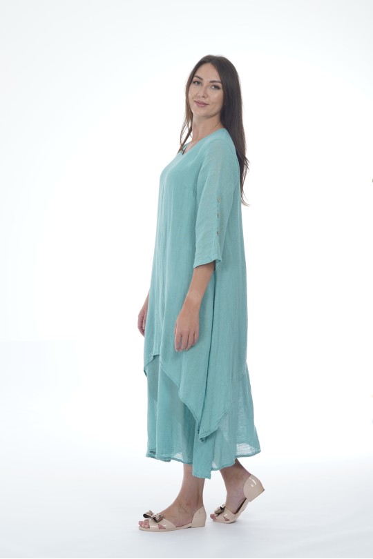 Elegant Long Two-Layered Linen Dress - 525/menthol