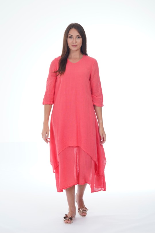 Elegant Long Two-Layered Linen Dress - 525/coral