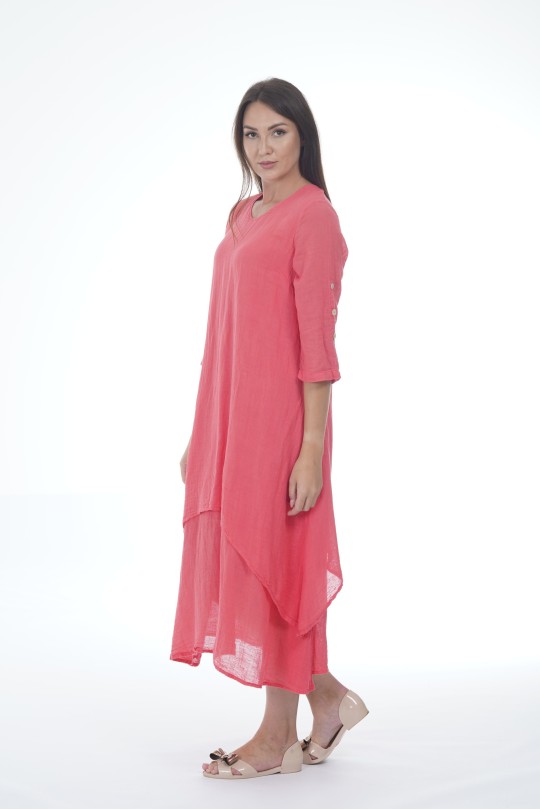 Elegant Long Two-Layered Linen Dress - 525/coral