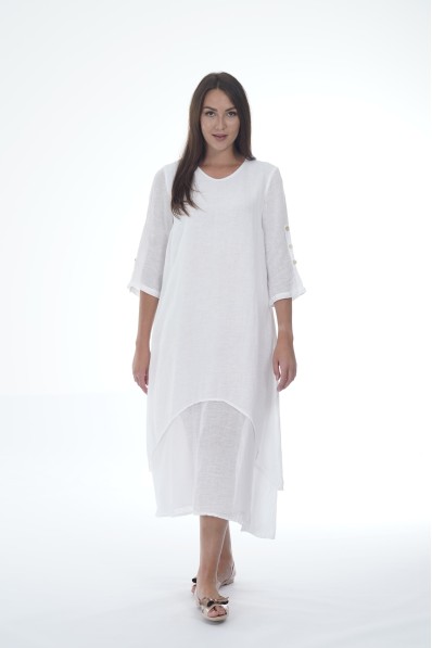 Elegant Long Two-Layered Linen Dress - 525/white