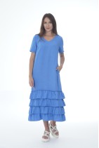 Long Natural Linen Dress with Ruffles and Pockets - 810/skyb