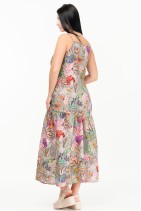 Women Printed Linen Dress with Shoulder Straps and Pockets - 022