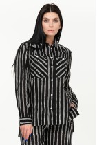 Elegant Women Natural Linen Striped Shirt with Long Sleeves, Pockets and Buttons - 025