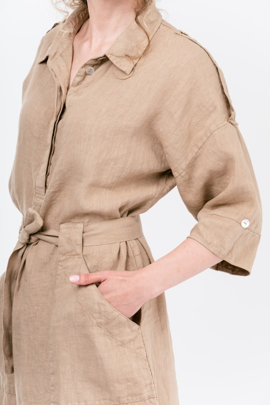 Women Linen Dress with Long Sleeves and Pockets, Belt - 1057/lightb