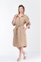 Women Linen Dress with Long Sleeves and Pockets, Belt - 1057/lightb