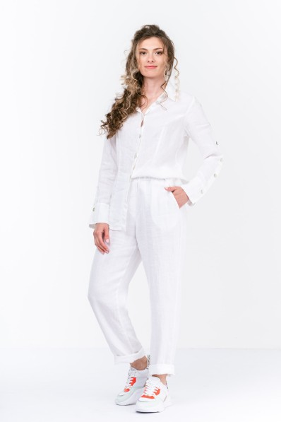Elegant Women Natural Linen Shirt with Long Sleeves, Pockets and Mother of Pearl Buttons - 1526-white
