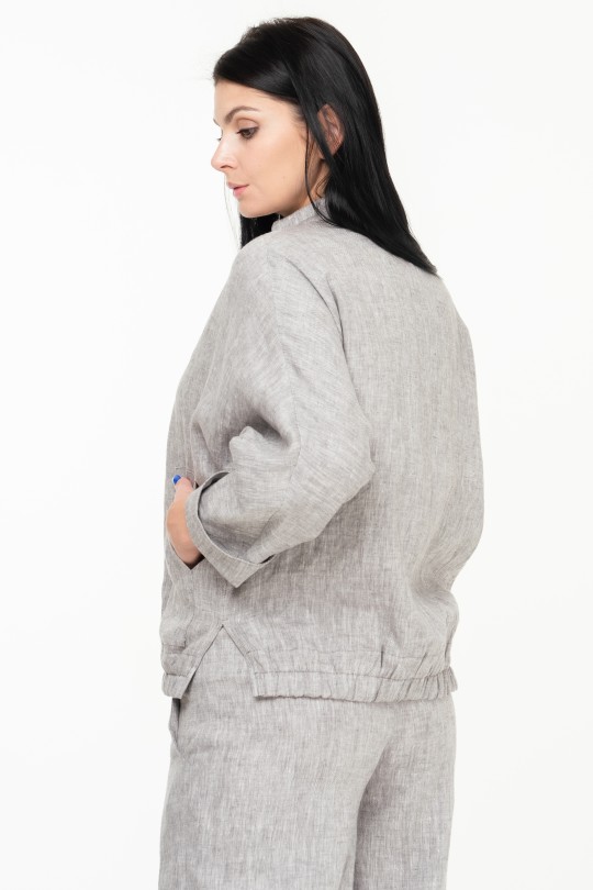Women Linen Jacket Boho Style with Zipper and Pockets - 4007 - grey