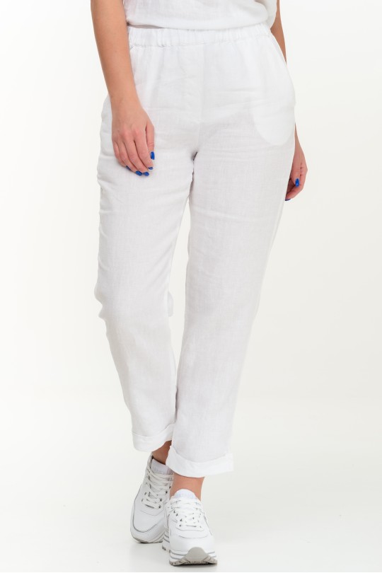 Women Elastic Waist Eco Linen Pants / Trousers With Pockets - 449/white