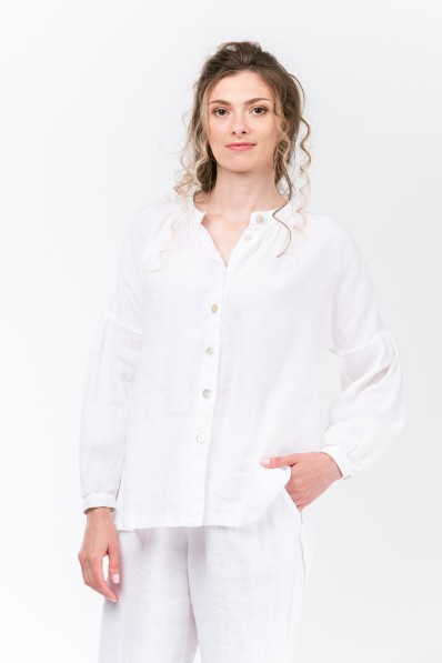 Elegant Women Natural Linen Shirt with Long Sleeves and Mother of Pearl Buttons - 4597-white
