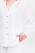 Elegant Women Natural Linen Shirt with Long Sleeves and Mother of Pearl Buttons - 4597-white