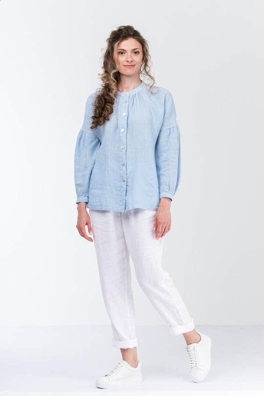 Elegant Women Natural Linen Shirt with Long Sleeves and Mother of Pearl Buttons - 4597-coldb