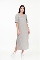 Women Classic Linen Long Dress with Pockets, Side Slits - 8030/125 - grey