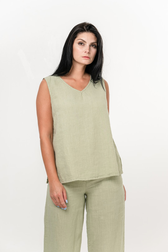 Elegant women's top made of natural linen sleeveless - 030/pistac