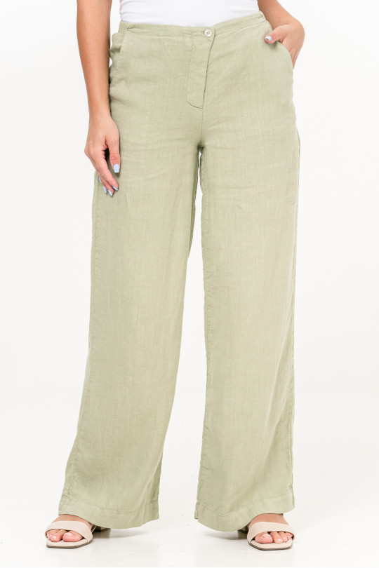 Женские брюки палаццо из натурального льна на  молнии, с карманами - 1002/pistachio