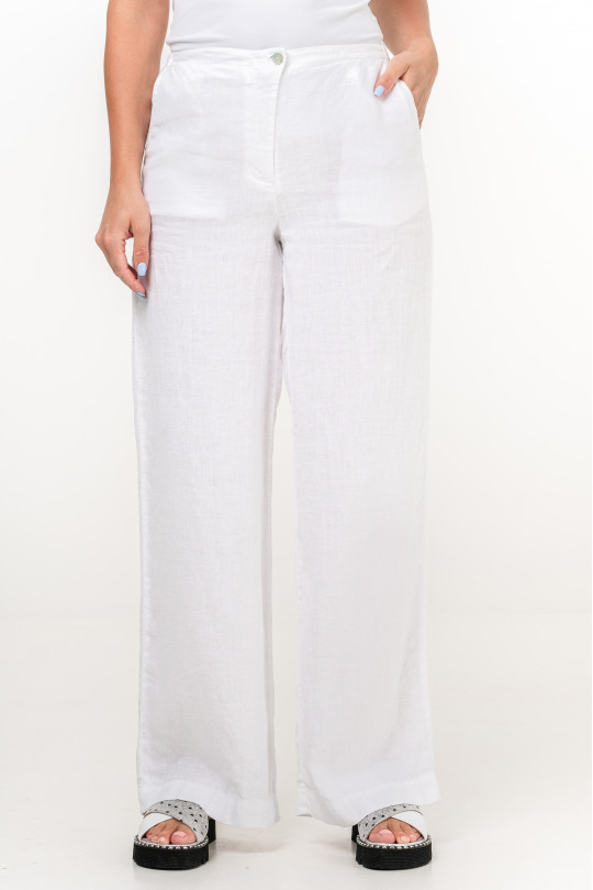 Natural linen palazzo pants with zipper and pockets - 1002/white