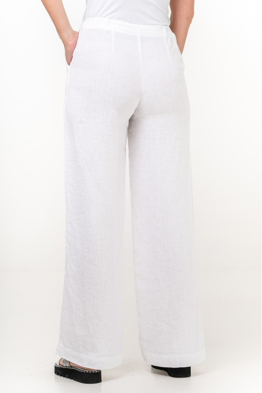 Женские брюки палаццо из натурального льна на  молнии, с карманами - 1002/white