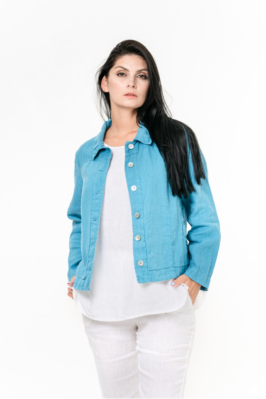 Women jacket made of natural linen with pockets, long sleeves, mother-of-pearl buttons. Boho style - 1011/biryuz