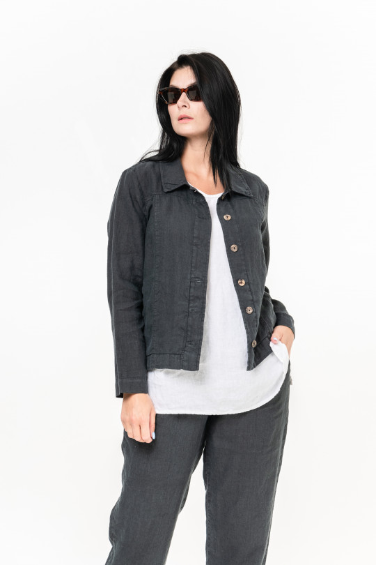 Women jacket made of natural linen with pockets, long sleeves, mother-of-pearl buttons. Boho style - 1011/grafit