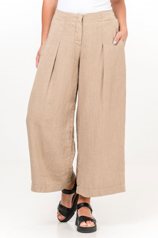 Женские брюки палаццо из натурального льна на  молнии, с карманами - 1014/light-beige
