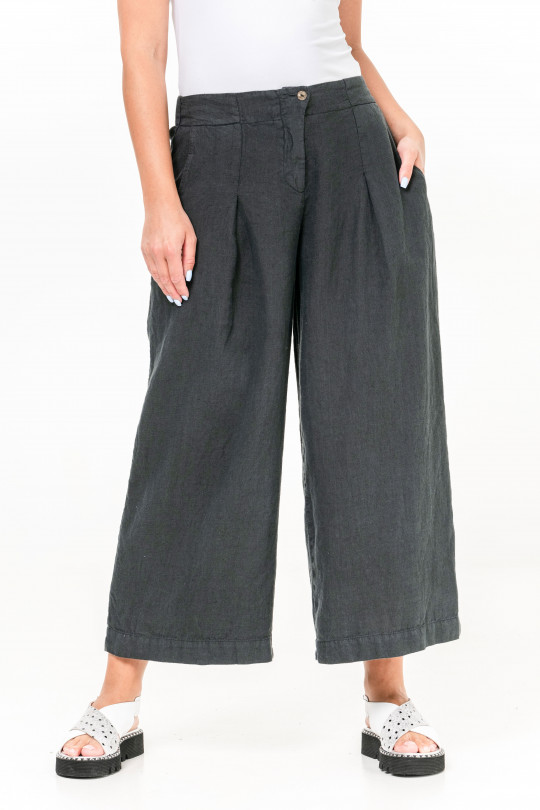 Women natural linen palazzo pants with zipper and pockets - 1014/grafit